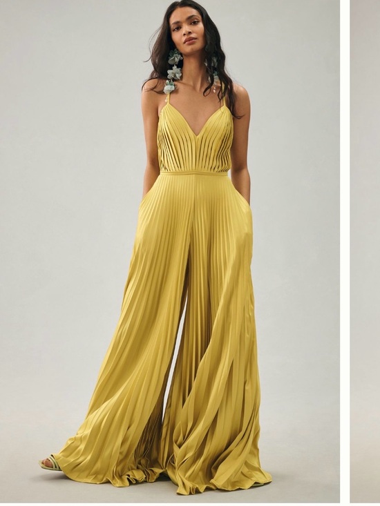 Ieena For Mac Duggal Pants - Pleated V-Neck Wide-Leg Jumpsuit in Chartreuse